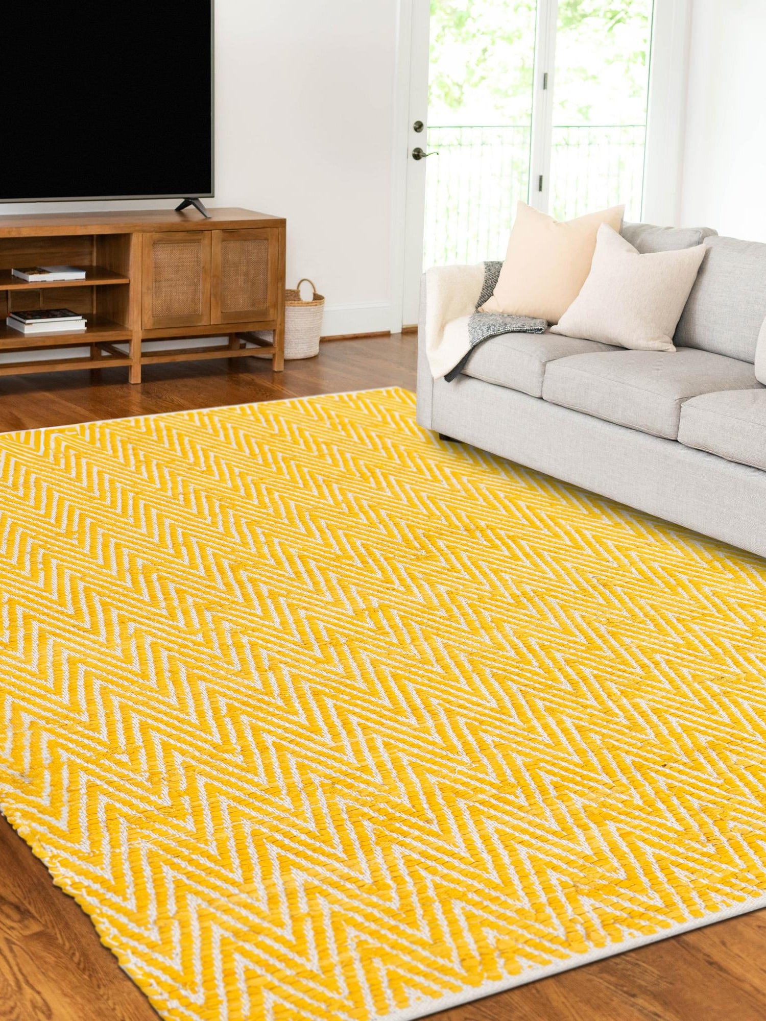 Yellow 9' x 12' Chindi Chevron Rectangle Area Rug 100% Denim Cotton All Natural Modern Geometric Carpet Dining Living Rooms Bathroom Dorm Decor for Sale at Rug Engine