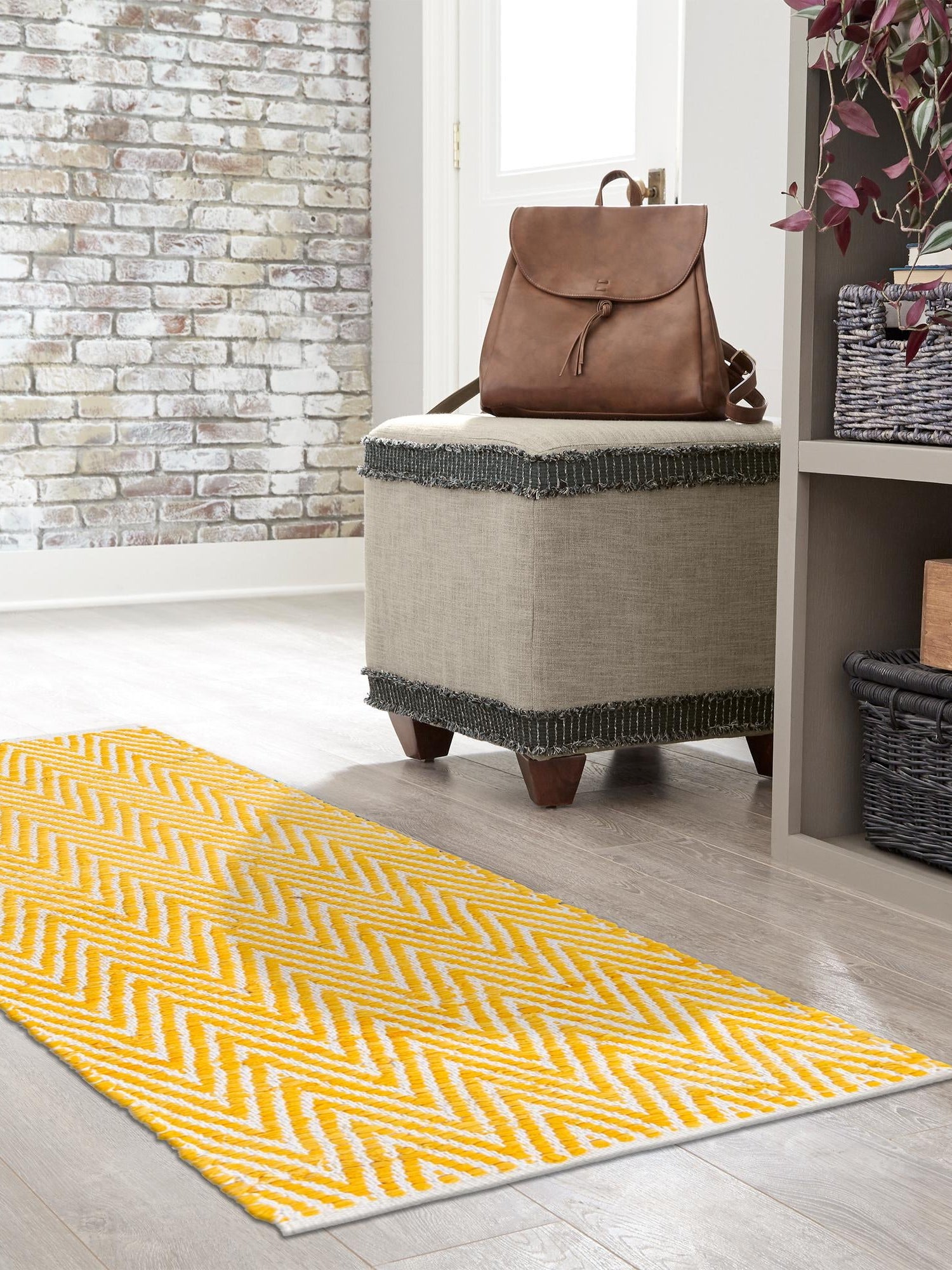 Yellow 2' 7 x 10' Chindi Chevron Runner Area Rug 100% Denim Cotton All Natural Modern Geometric Carpet Dining Living Rooms Bathroom Dorm Decor for Sale at Rug Engine