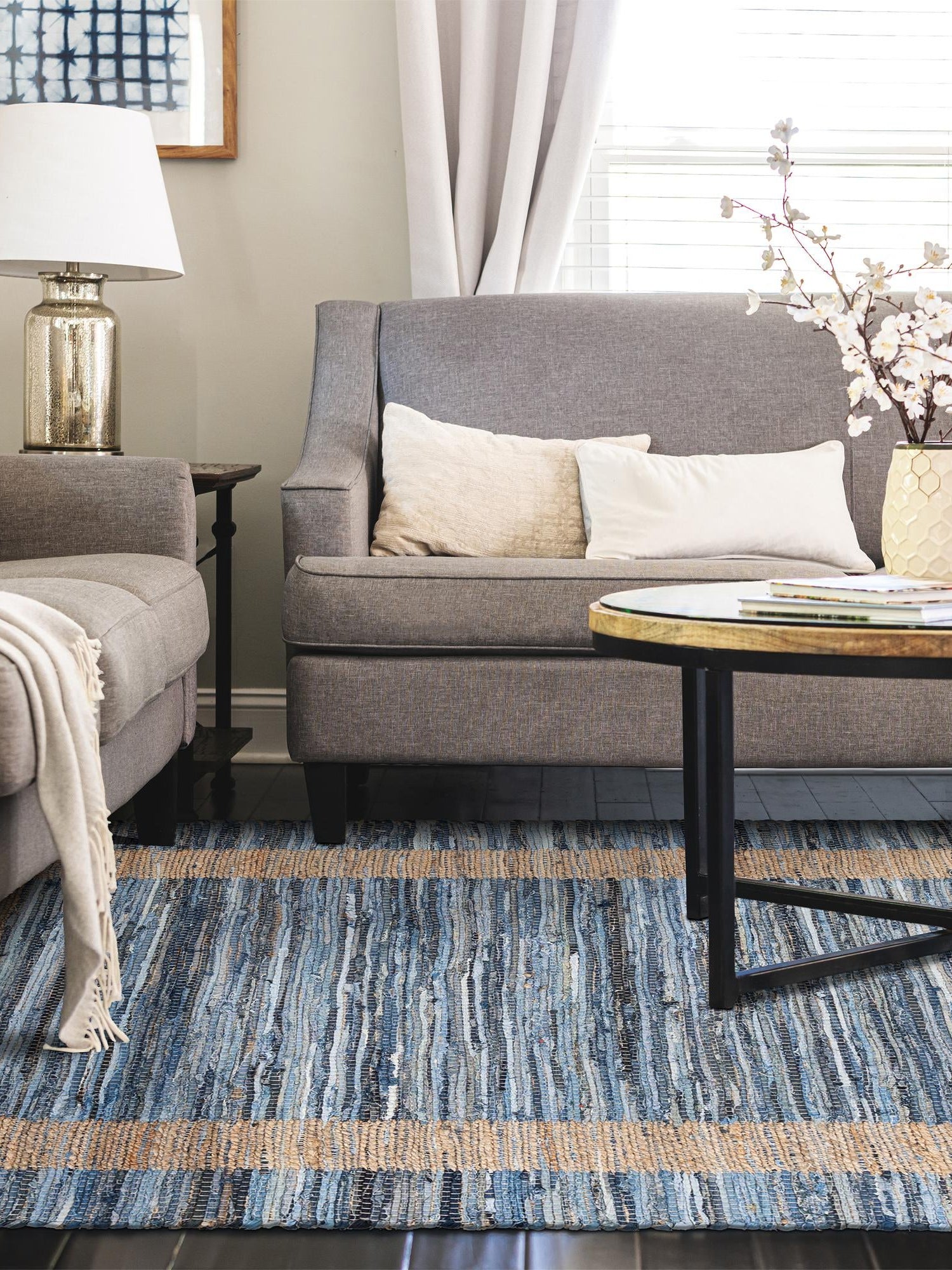 Navy Blue 4' 1 x 6' 1 Chindi Jute Rectangle Area Rug Interior Design Home Decor Carpet Mat for Sale at Rug Engine