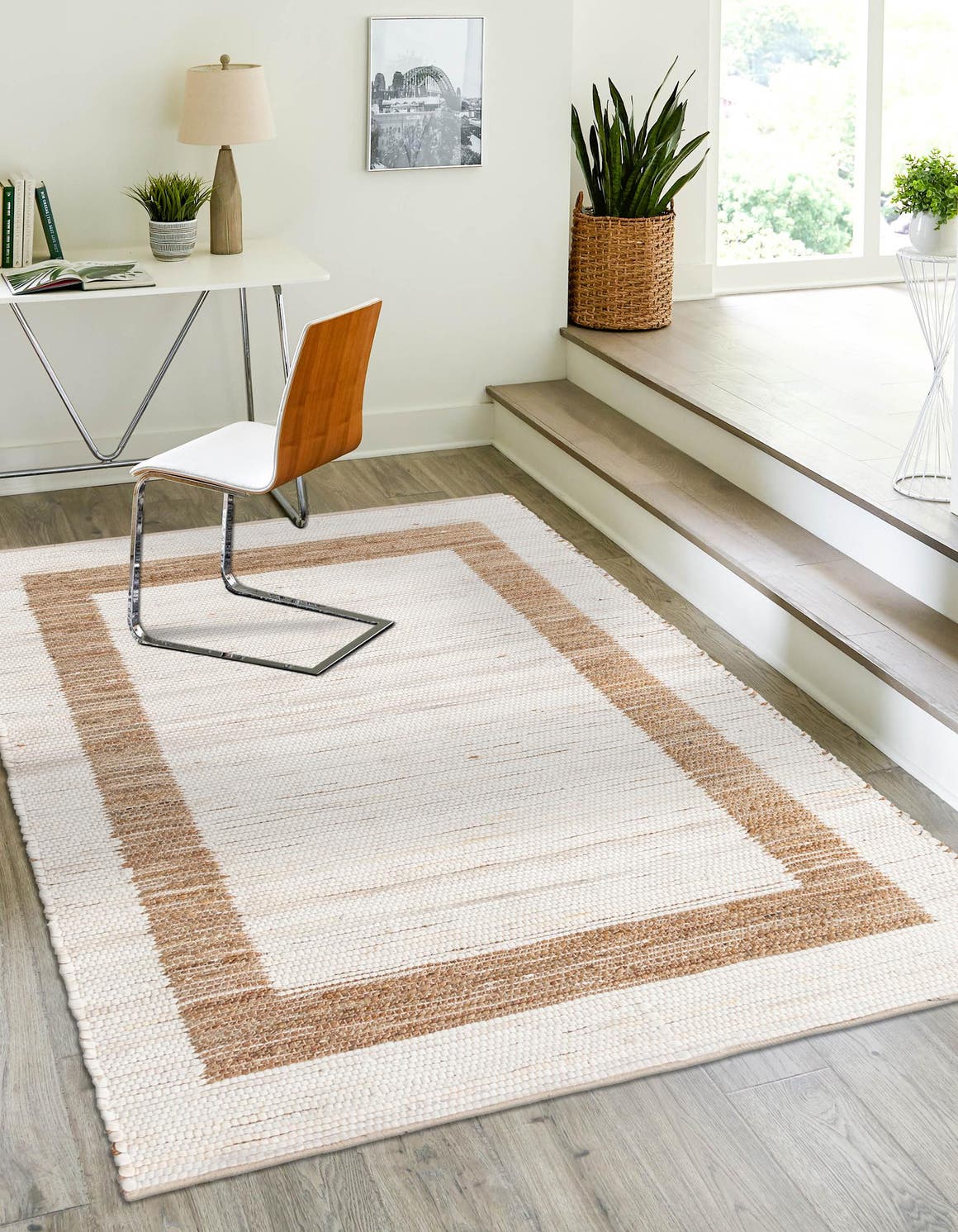 White and Natural 5' 1 x 8' Chindi Jute Rectangle Area Rug Interior Design Home Decor Carpet Mat for Sale at Rug Engine
