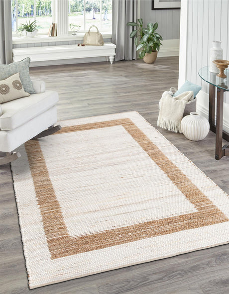 White and Natural 4' 1 x 6' 1 Chindi Jute Rectangle Area Rug Interior Design Home Decor Carpet Mat for Sale at Rug Engine