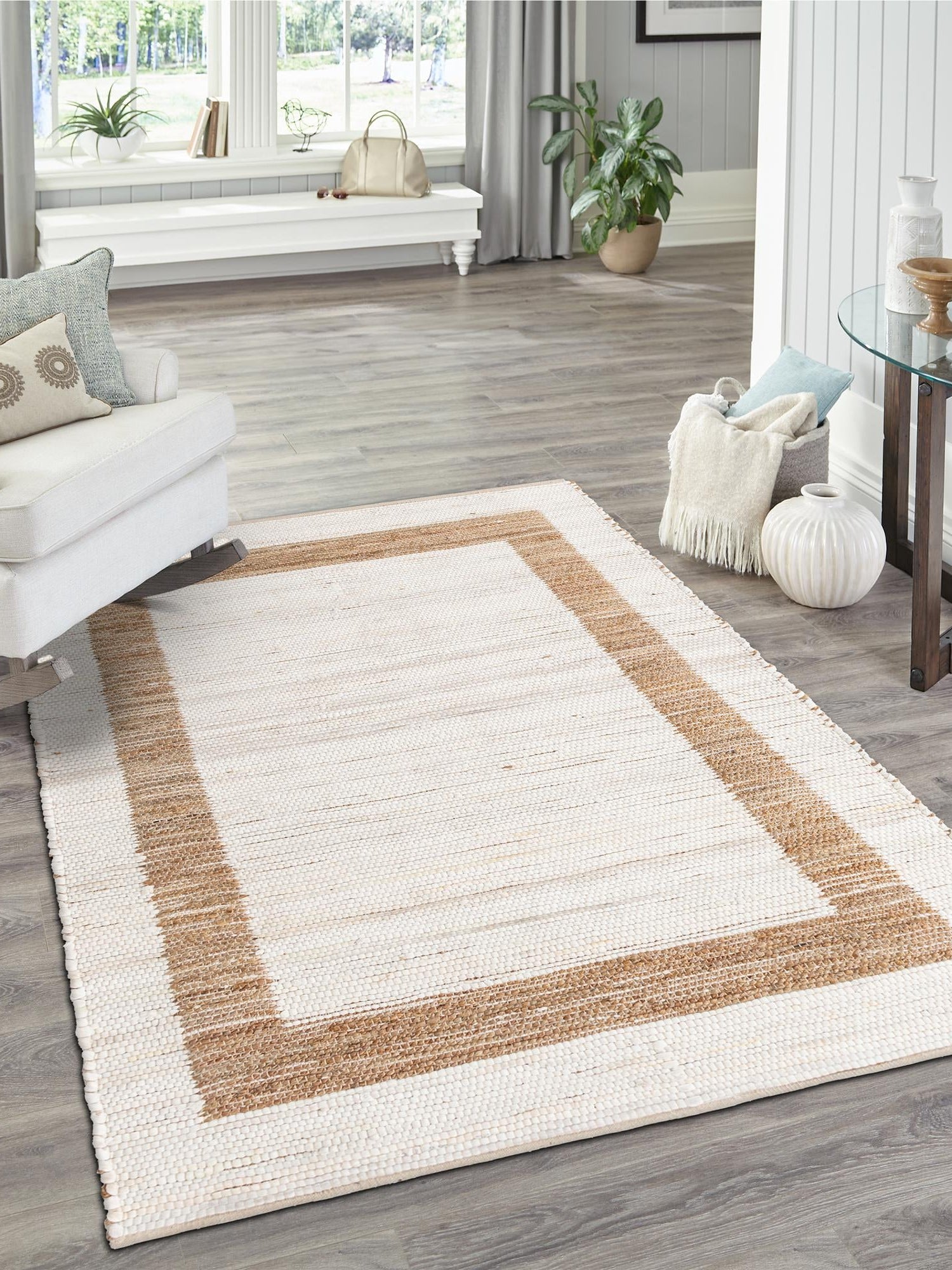 White and Natural 5' 1 x 8' Chindi Jute Rectangle Area Rug Interior Design Home Decor Carpet Mat for Sale at Rug Engine