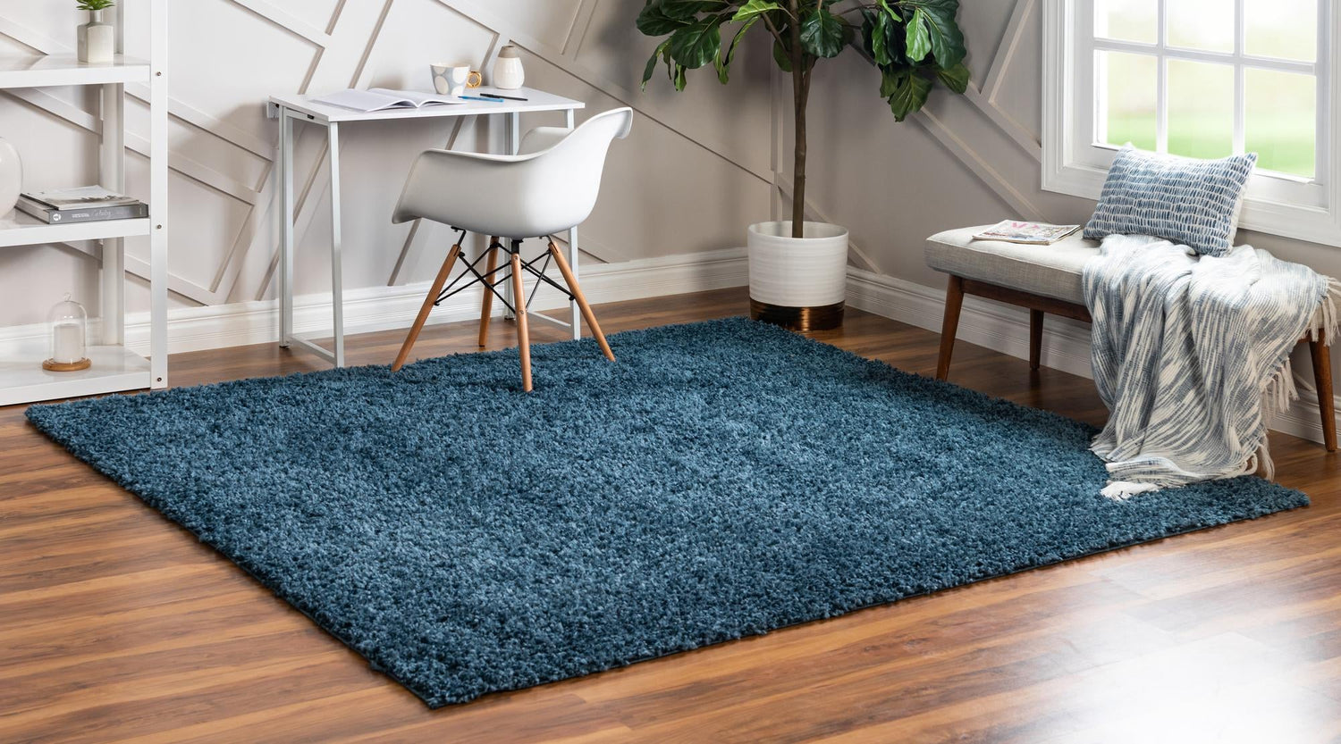 Marine Blue 7' 1 x 7' 1 Davos Shag Square Area Rug Thick Soft Touch Fluffy & Plush Shaggy Pile 100% Polypropylene Carpet for Living Dining Bedrooms Office for Sale at Rug Engine