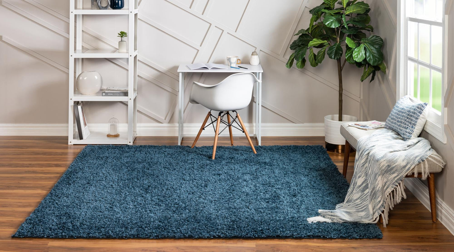 Marine Blue 7' 1 x 7' 1 Davos Shag Square Area Rug Thick Soft Touch Fluffy & Plush Shaggy Pile 100% Polypropylene Carpet for Living Dining Bedrooms Office for Sale at Rug Engine