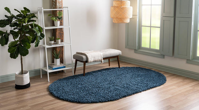 Marine Blue 7' 10 x 10' Davos Shag Oval Area Rug Thick Soft Touch Fluffy & Plush Shaggy Pile 100% Polypropylene Carpet for Living Dining Bedrooms Office for Sale at Rug Engine