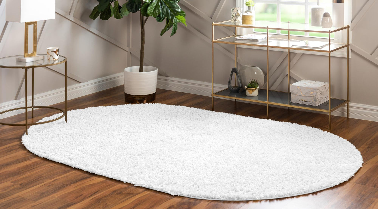 White 7' 10 x 10' Davos Shag Oval Area Rug Thick Soft Touch Fluffy & Plush Shaggy Pile 100% Polypropylene Carpet for Living Dining Bedrooms Office for Sale at Rug Engine