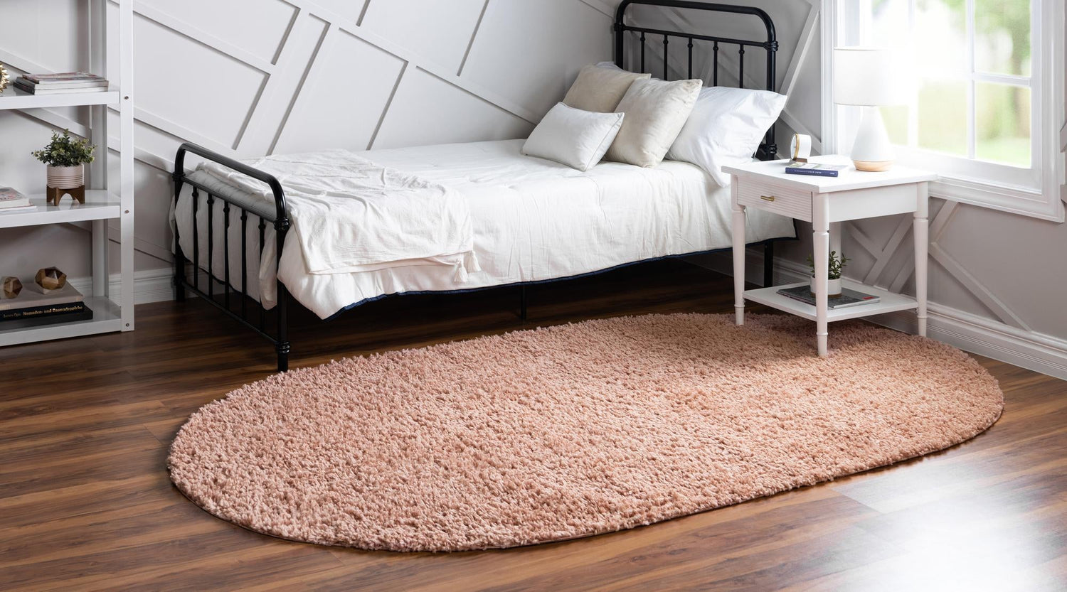 Dusty Rose 3' 1 x 5' 3 Davos Shag Oval Area Rug Thick Soft Touch Fluffy & Plush Shaggy Pile 100% Polypropylene Carpet for Living Dining Bedrooms Office for Sale at Rug Engine