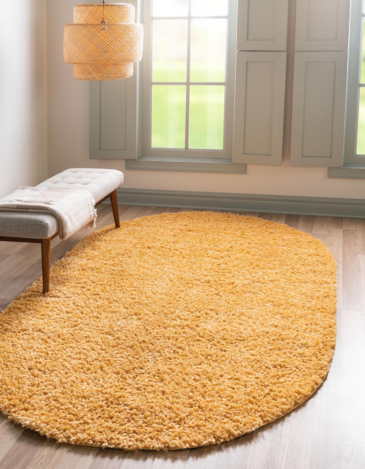 Sun Yellow 5' 3 x 8' Davos Shag Oval Area Rug Thick Soft Touch Fluffy & Plush Shaggy Pile 100% Polypropylene Carpet for Living Dining Bedrooms Office for Sale at Rug Engine