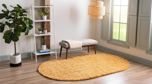 Sun Yellow 5' 3 x 8' Davos Shag Oval Area Rug Thick Soft Touch Fluffy & Plush Shaggy Pile 100% Polypropylene Carpet for Living Dining Bedrooms Office for Sale at Rug Engine