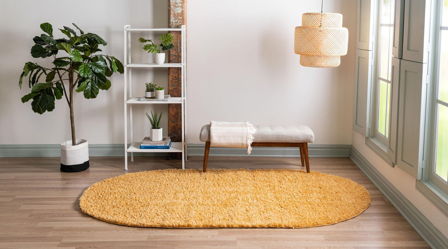 Sun Yellow 7' 10 x 10' Davos Shag Oval Area Rug Thick Soft Touch Fluffy & Plush Shaggy Pile 100% Polypropylene Carpet for Living Dining Bedrooms Office for Sale at Rug Engine
