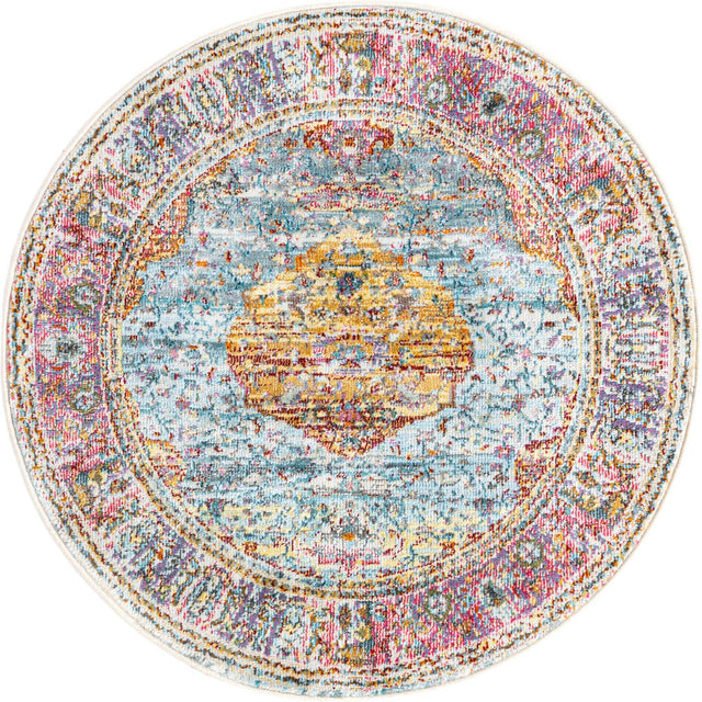 Light Blue 3' 3 x 3' 3 Baracoa Round Area Rug 100% Polypropylene Distressed Vintage Living Dining Room Office Traditional Carpet for Sale at Rug Engine