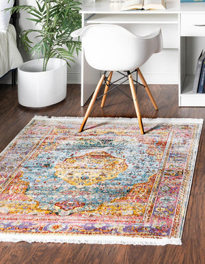 Light Blue 5' x 5' Baracoa Square Area Rug 100% Polypropylene Distressed Vintage Living Dining Room Office Traditional Carpet for Sale at Rug Engine