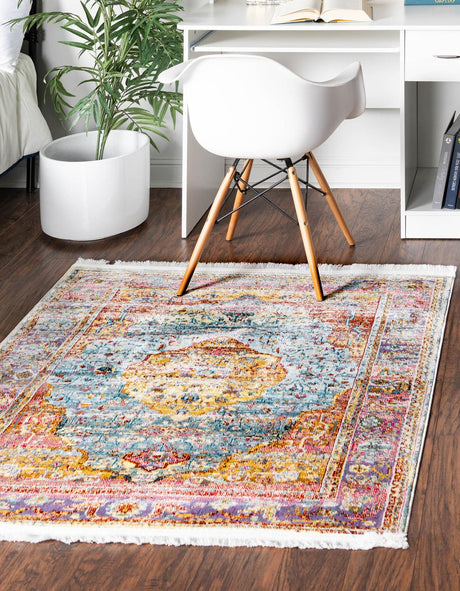 Light Blue 5' x 5' Baracoa Square Area Rug 100% Polypropylene Distressed Vintage Living Dining Room Office Traditional Carpet for Sale at Rug Engine