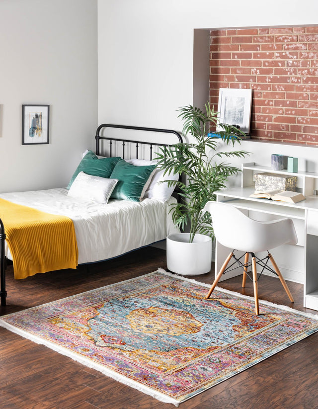 Light Blue 4' x 4' Baracoa Square Area Rug 100% Polypropylene Distressed Vintage Living Dining Room Office Traditional Carpet for Sale at Rug Engine