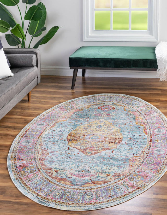 Light Blue 3' 3 x 5' 3 Baracoa Oval Area Rug 100% Polypropylene Distressed Vintage Living Dining Room Office Traditional Carpet for Sale at Rug Engine