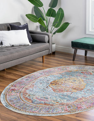 Light Blue 7' 10 x 10' Baracoa Oval Area Rug 100% Polypropylene Distressed Vintage Living Dining Room Office Traditional Carpet for Sale at Rug Engine