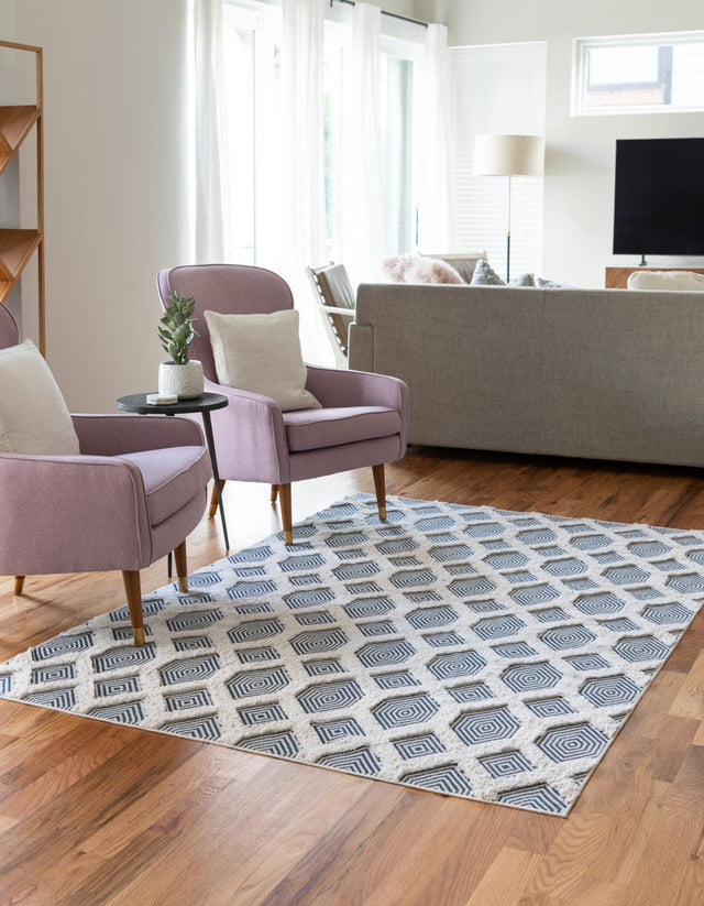 Navy Blue 5' 3 x 8' Sabrina Soto Casa Rectangle Area Rug 100% Cotton Geometric Pattern All Natural Material Eco Friendly Carpet for Sale at Rug Engine