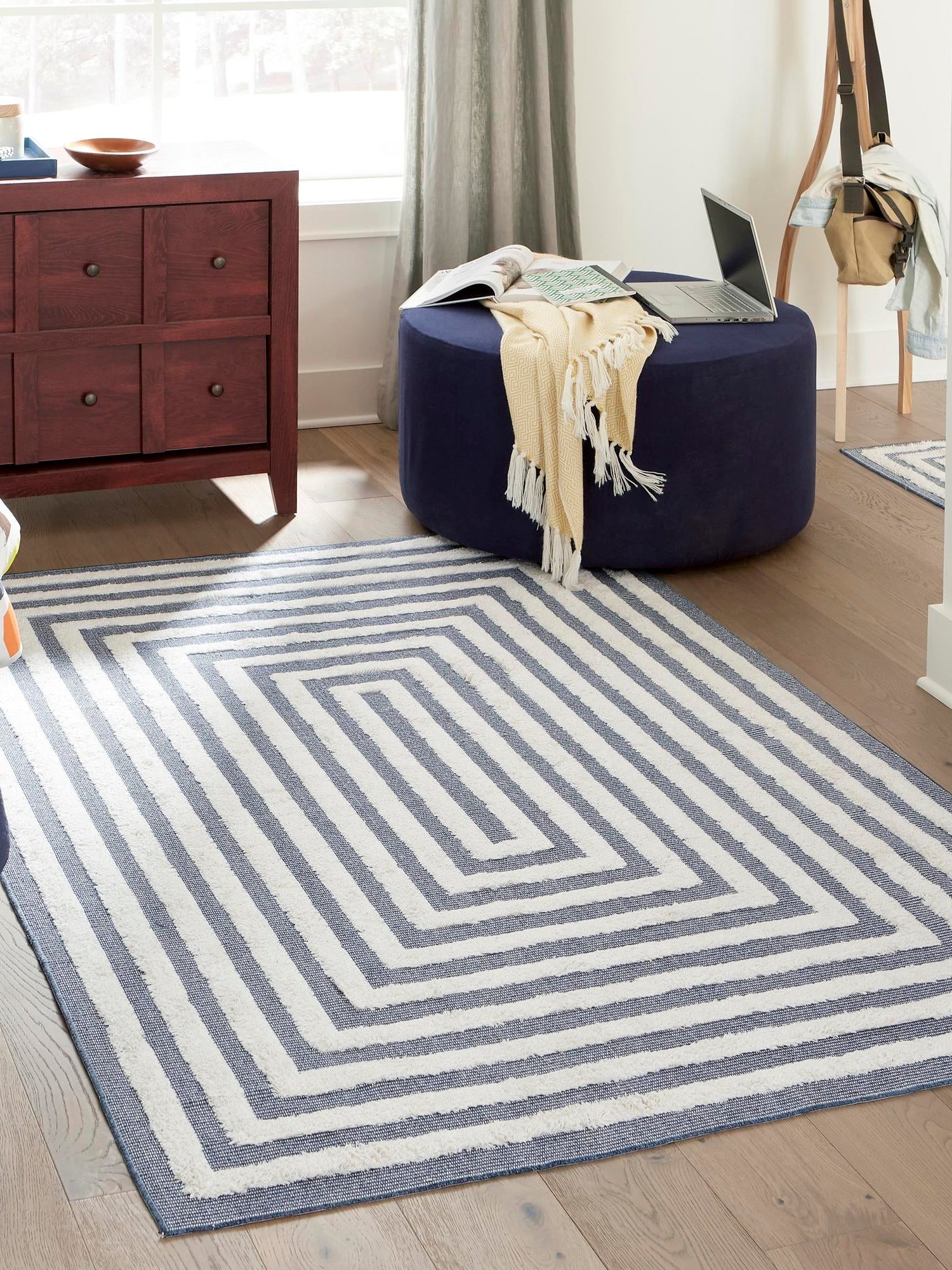 Navy Blue 1' 3 x 1' 4 Sabrina Soto Casa Sample Area Rug 100% Cotton Geometric Pattern All Natural Material Eco Friendly Carpet for Sale at Rug Engine
