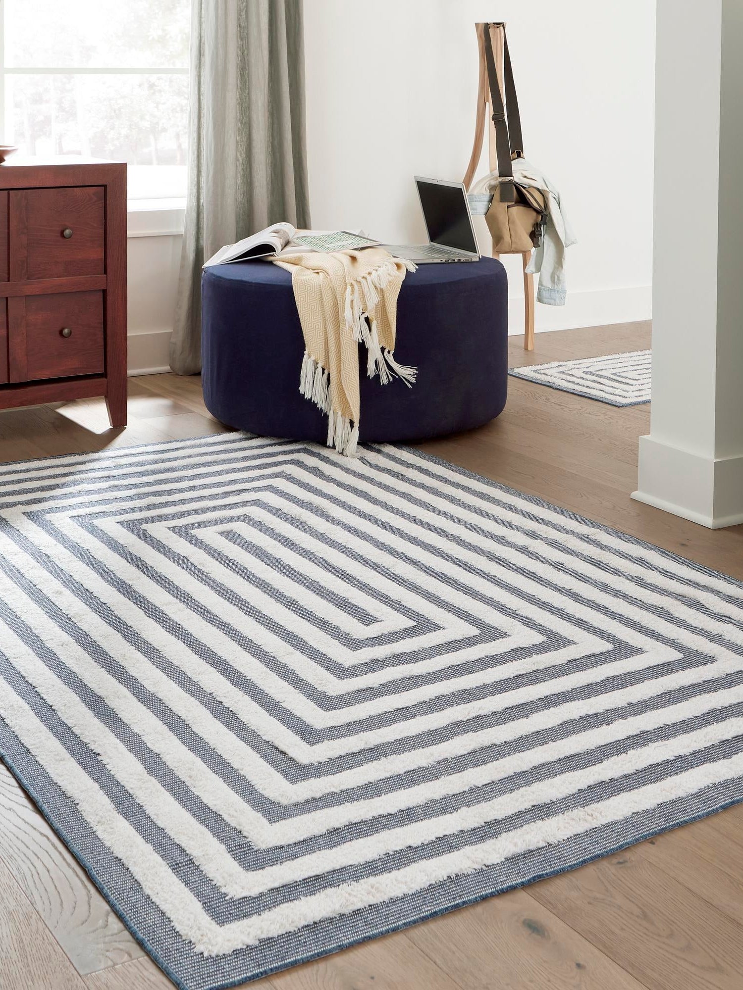 Navy Blue 2' 3 x 3' Sabrina Soto Casa Rectangle Area Rug 100% Cotton Geometric Pattern All Natural Material Eco Friendly Carpet for Sale at Rug Engine