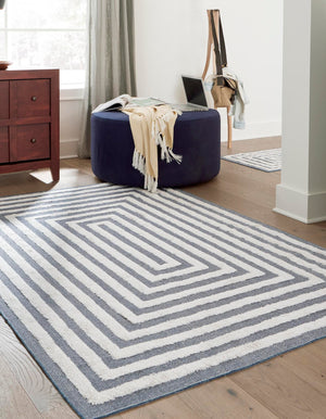 Navy Blue 9' 10 x 12' Sabrina Soto Casa Rectangle Area Rug 100% Cotton Geometric Pattern All Natural Material Eco Friendly Carpet for Sale at Rug Engine