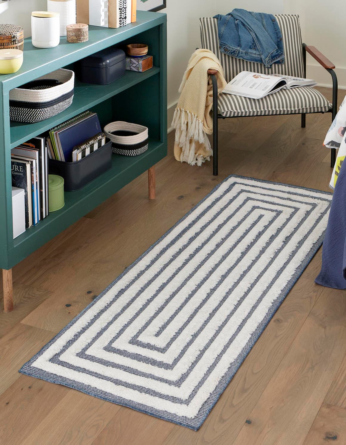 Navy Blue 2' 3 x 6' Sabrina Soto Casa Runner Area Rug 100% Cotton Geometric Pattern All Natural Material Eco Friendly Carpet for Sale at Rug Engine