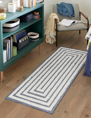 Navy Blue 2' 3 x 6' Sabrina Soto Casa Runner Area Rug 100% Cotton Geometric Pattern All Natural Material Eco Friendly Carpet for Sale at Rug Engine