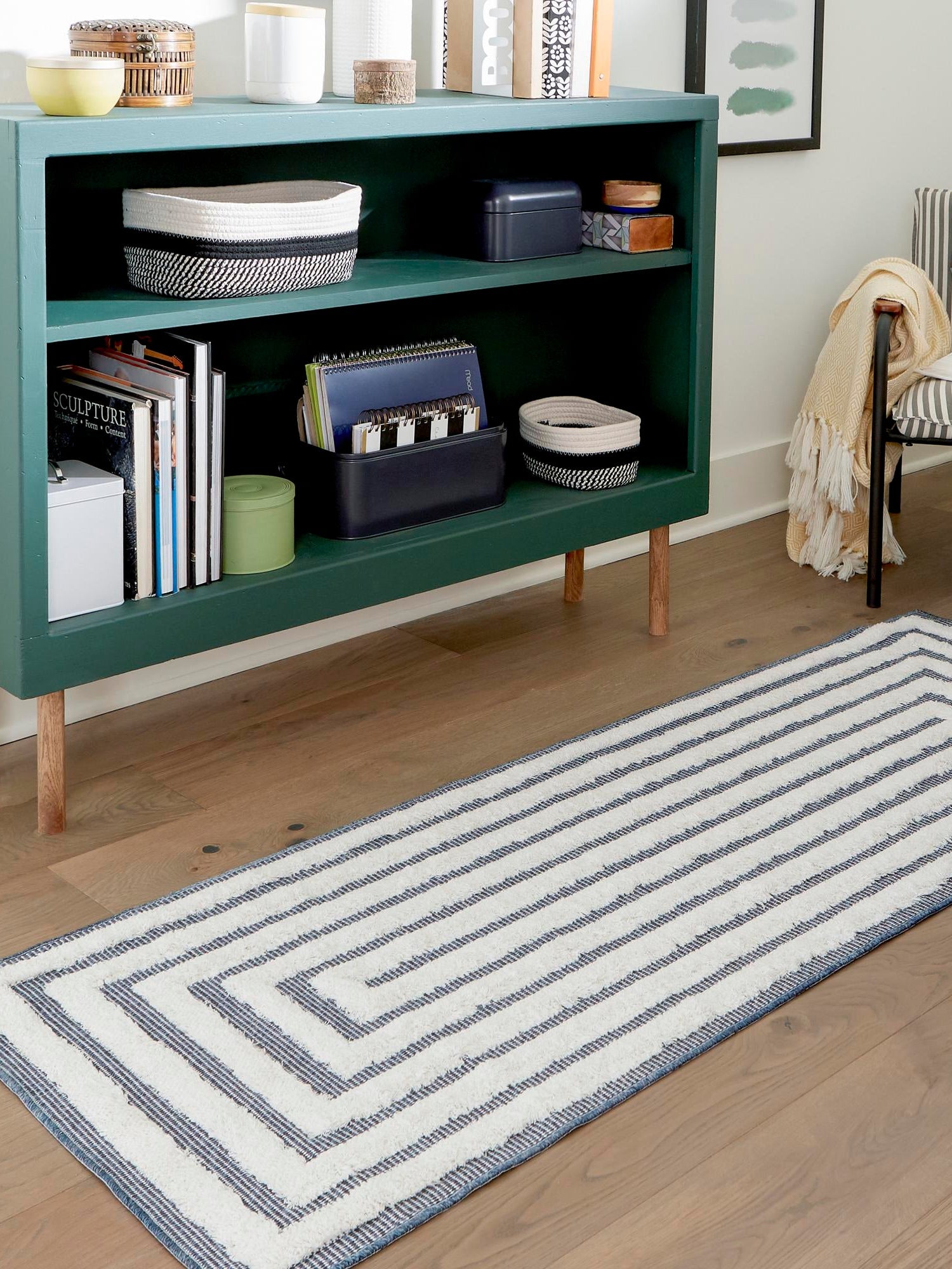Navy Blue 2' 7 x 12' Sabrina Soto Casa Runner Area Rug 100% Cotton Geometric Pattern All Natural Material Eco Friendly Carpet for Sale at Rug Engine