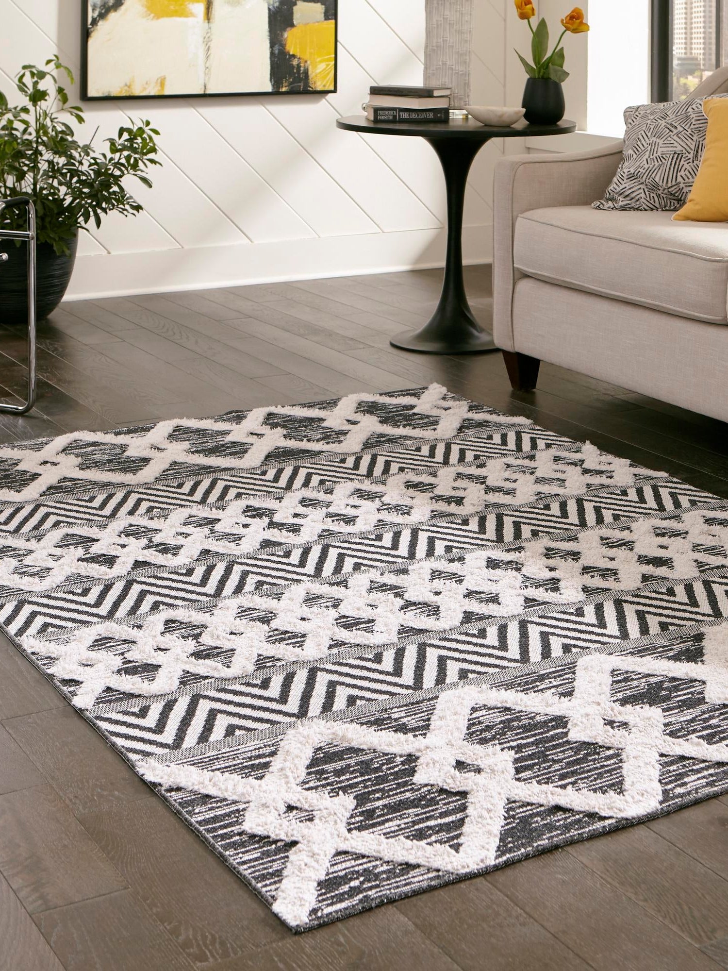 Black 6' 4 x 9' Sabrina Soto Casa Rectangle Area Rug 100% Cotton Geometric Pattern All Natural Material Eco Friendly Carpet for Sale at Rug Engine