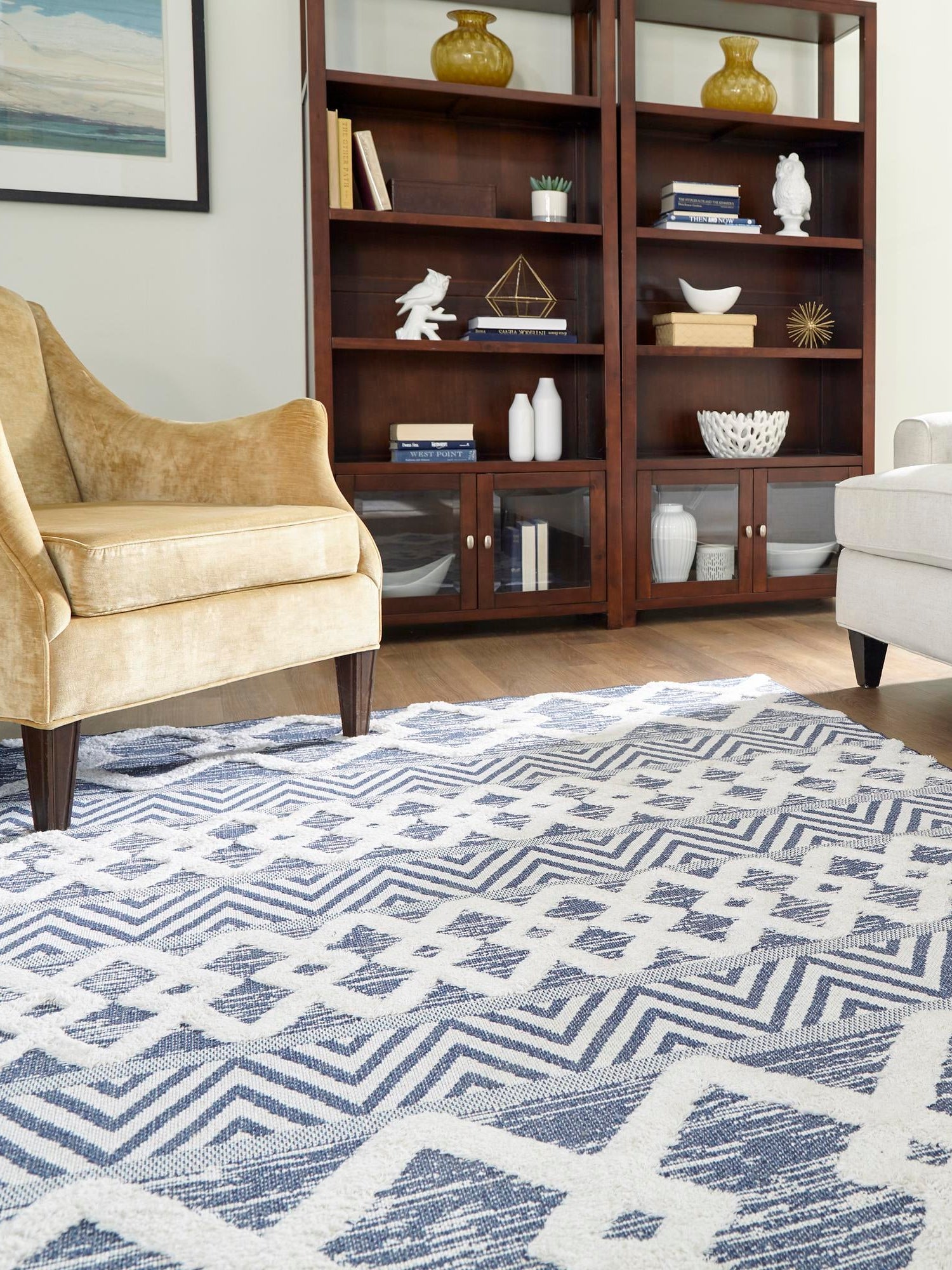 Navy Blue 6' 4 x 9' Sabrina Soto Casa Rectangle Area Rug 100% Cotton Geometric Pattern All Natural Material Eco Friendly Carpet for Sale at Rug Engine