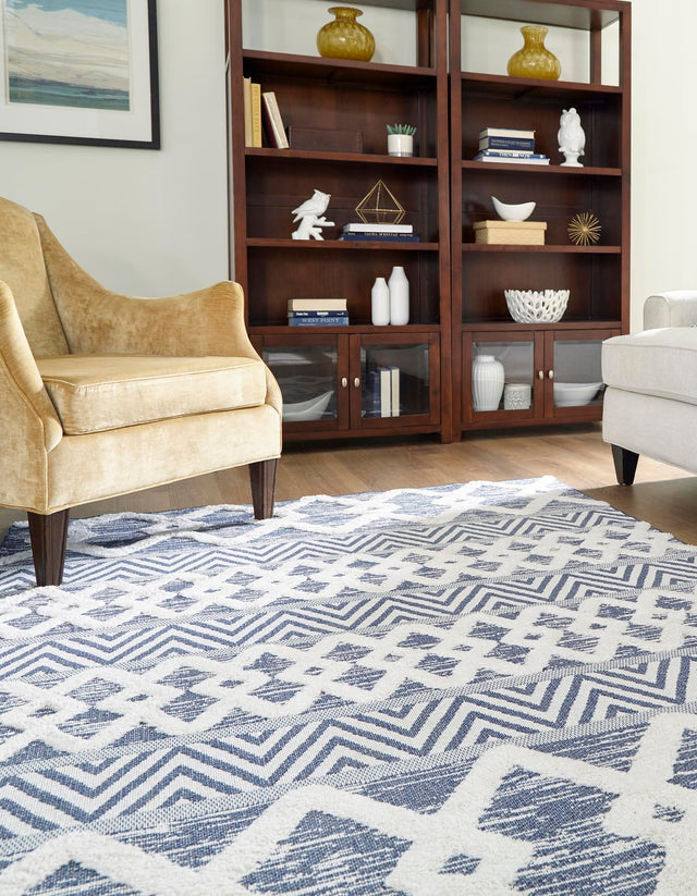 Navy Blue 2' 3 x 3' Sabrina Soto Casa Rectangle Area Rug 100% Cotton Geometric Pattern All Natural Material Eco Friendly Carpet for Sale at Rug Engine