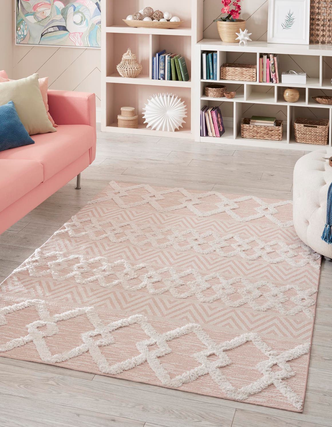 Pink 5' 3 x 8' Sabrina Soto Casa Rectangle Area Rug 100% Cotton Geometric Pattern All Natural Material Eco Friendly Carpet for Sale at Rug Engine