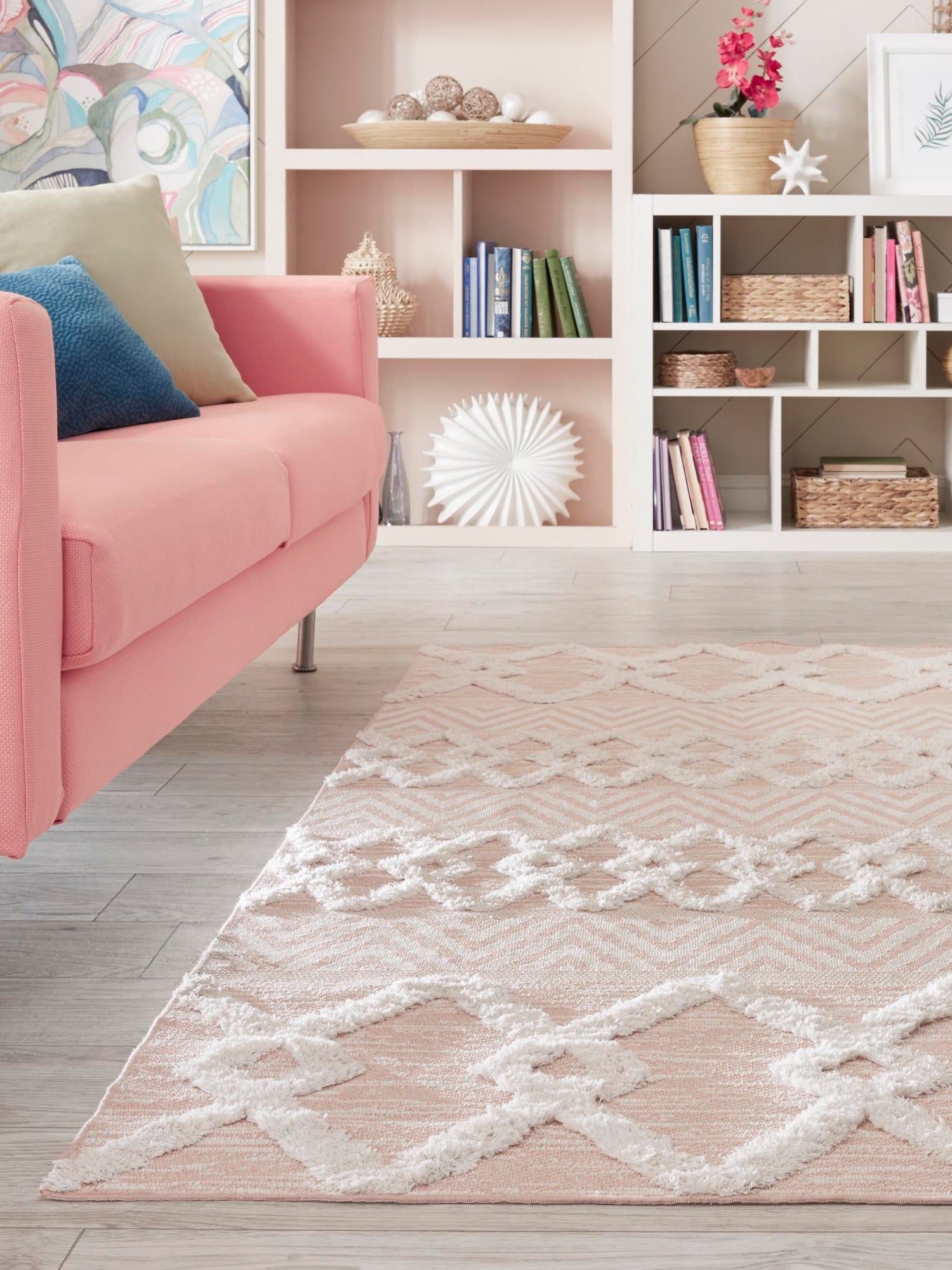 Pink 5' 3 x 8' Sabrina Soto Casa Rectangle Area Rug 100% Cotton Geometric Pattern All Natural Material Eco Friendly Carpet for Sale at Rug Engine