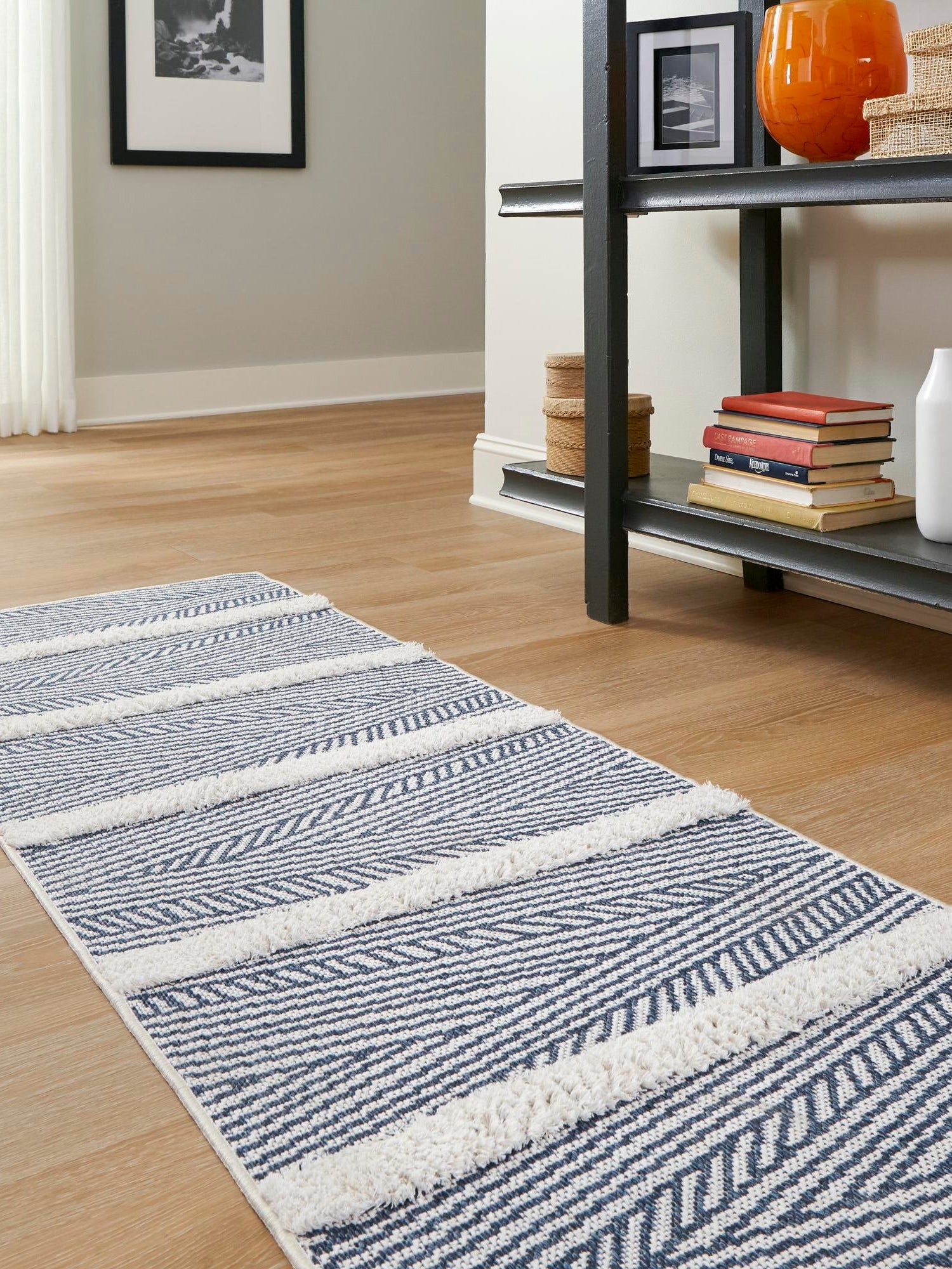 Navy Blue 2' 7 x 12' Sabrina Soto Casa Runner Area Rug 100% Cotton Geometric Pattern All Natural Material Eco Friendly Carpet for Sale at Rug Engine