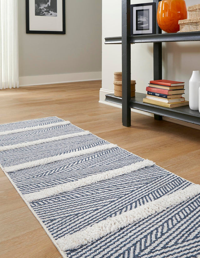 Navy Blue 2' 7 x 12' Sabrina Soto Casa Runner Area Rug 100% Cotton Geometric Pattern All Natural Material Eco Friendly Carpet for Sale at Rug Engine