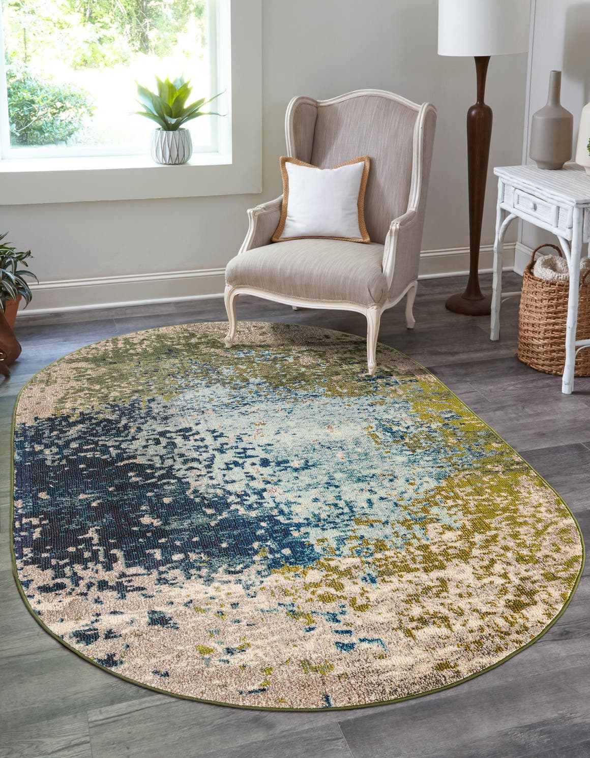 Blue 5' x 8' Estrella Oval Area Rug 100% Polypropylene Non-Shedding Stain Resistant Carpet Colorful Modern Abstract Design Easy Clean for Home Decor for Sale at Rug Engine