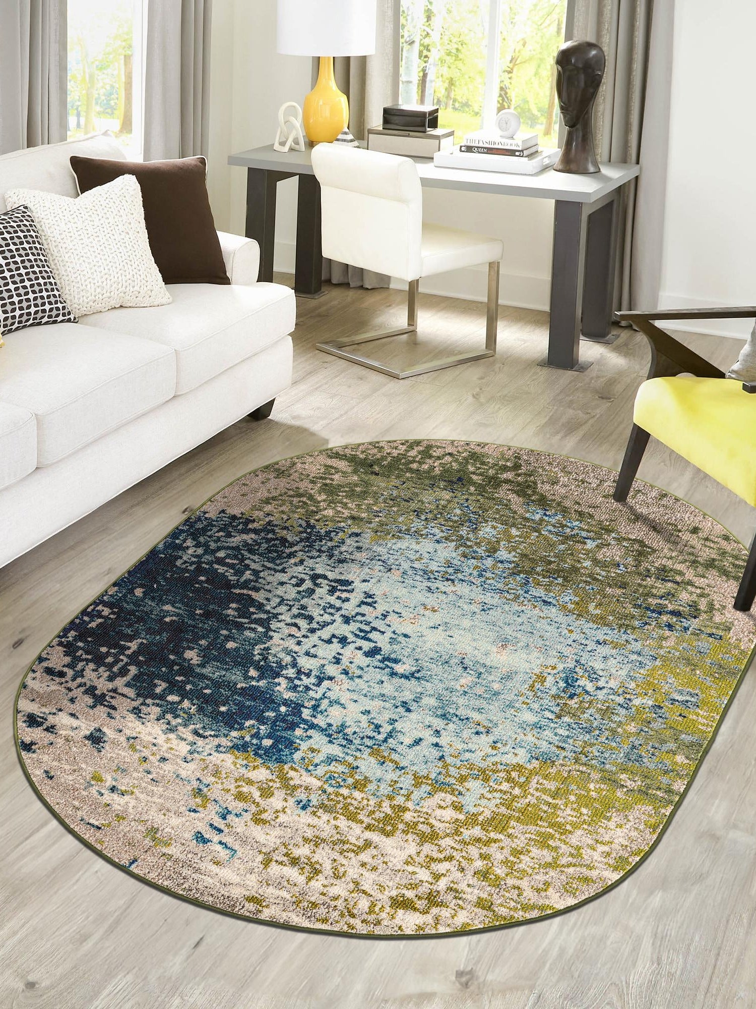 Blue 5' x 8' Estrella Oval Area Rug 100% Polypropylene Non-Shedding Stain Resistant Carpet Colorful Modern Abstract Design Easy Clean for Home Decor for Sale at Rug Engine