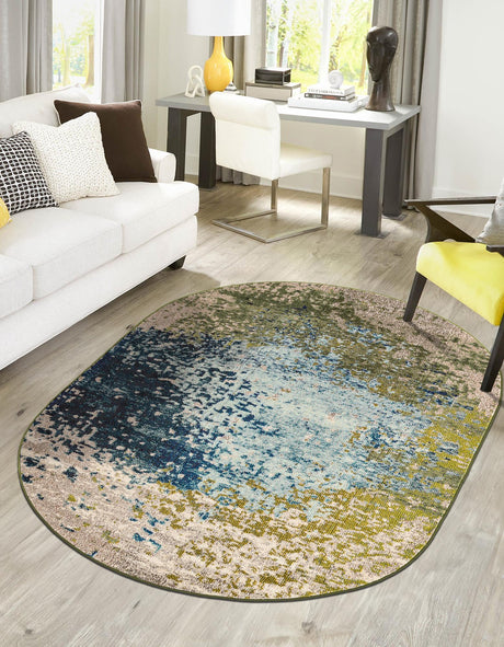 Blue 5' x 8' Estrella Oval Area Rug 100% Polypropylene Non-Shedding Stain Resistant Carpet Colorful Modern Abstract Design Easy Clean for Home Decor for Sale at Rug Engine