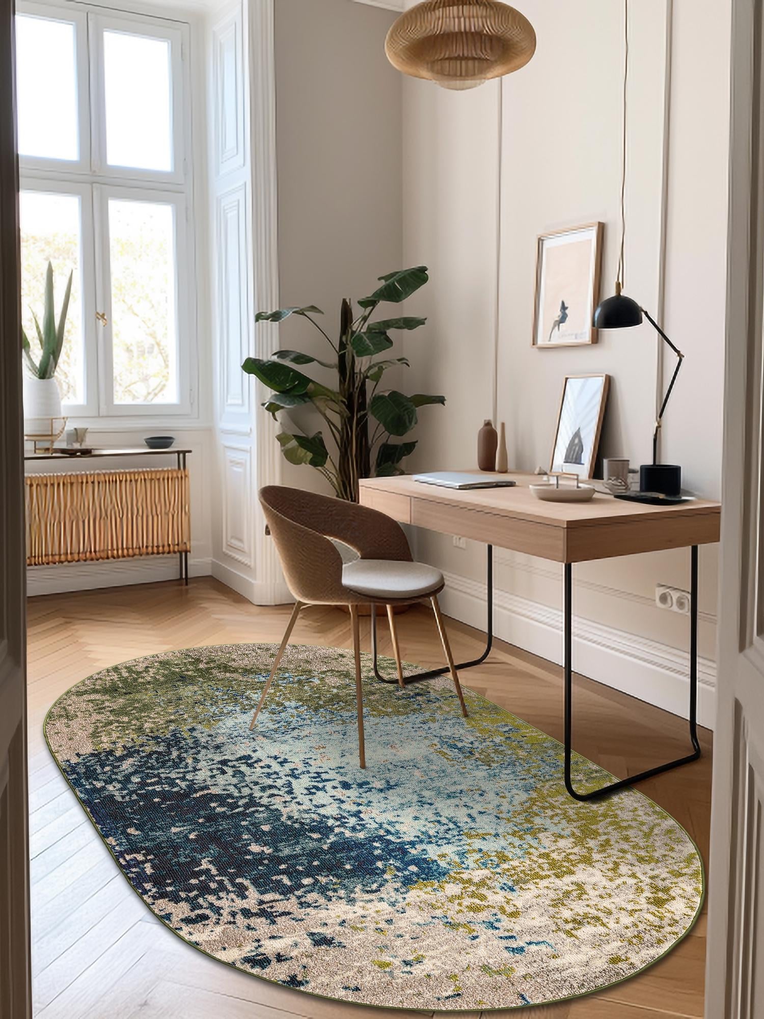 Blue 5' x 8' Estrella Oval Area Rug 100% Polypropylene Non-Shedding Stain Resistant Carpet Colorful Modern Abstract Design Easy Clean for Home Decor for Sale at Rug Engine