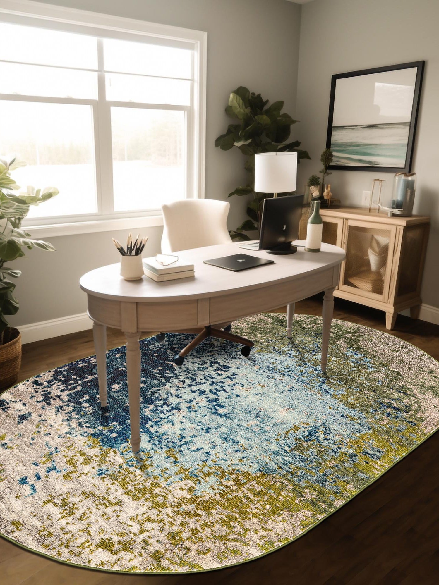 Blue 7' 11 x 10' Estrella Oval Area Rug 100% Polypropylene Non-Shedding Stain Resistant Carpet Colorful Modern Abstract Design Easy Clean for Home Decor for Sale at Rug Engine