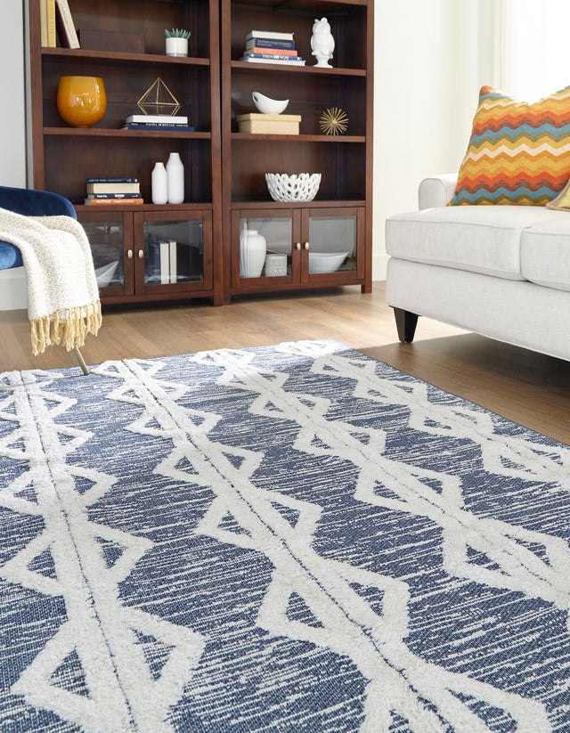 Navy Blue 5' 5 x 8' Sabrina Soto Casa Rectangle Area Rug 100% Cotton Geometric Pattern All Natural Material Eco Friendly Carpet for Sale at Rug Engine