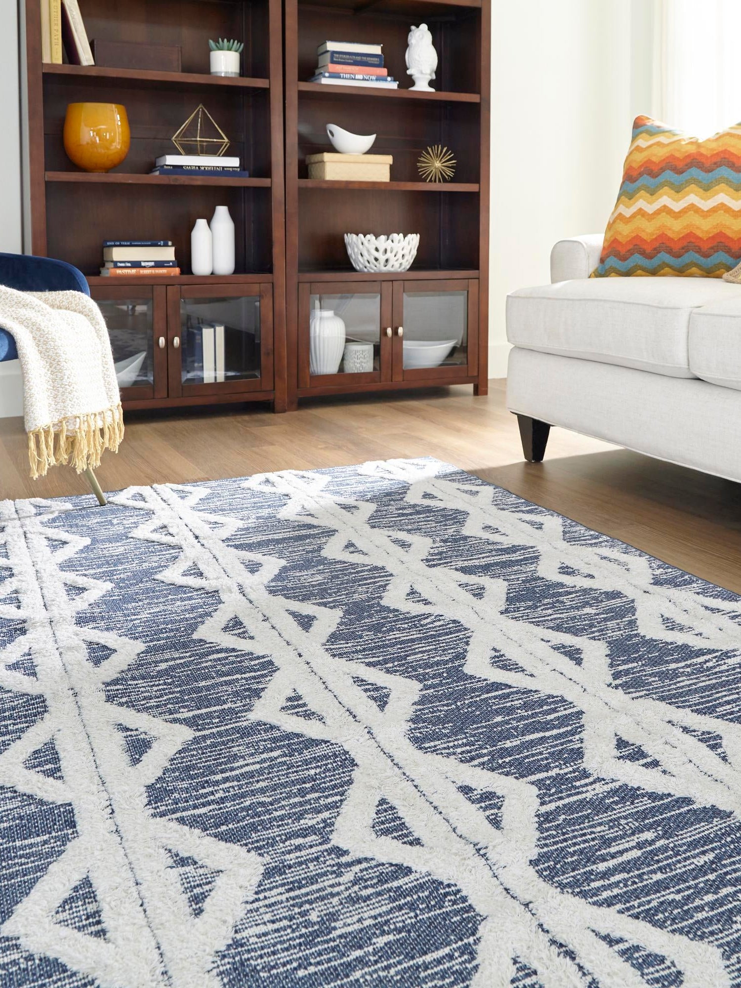 Navy Blue 4' 7 x 6' Sabrina Soto Casa Rectangle Area Rug 100% Cotton Geometric Pattern All Natural Material Eco Friendly Carpet for Sale at Rug Engine