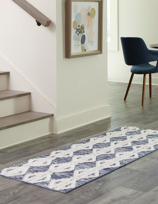 Navy Blue 2' 7 x 12' Sabrina Soto Casa Runner Area Rug 100% Cotton Geometric Pattern All Natural Material Eco Friendly Carpet for Sale at Rug Engine