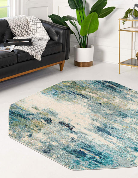 Light Blue 5' x 5' Chromatic Octagon Area Rug 100% Polypropylene With Cotton Backing Abstract Modern Colorful Carpet Mat for Home Decor & Interior Design for Sale at Rug Engine