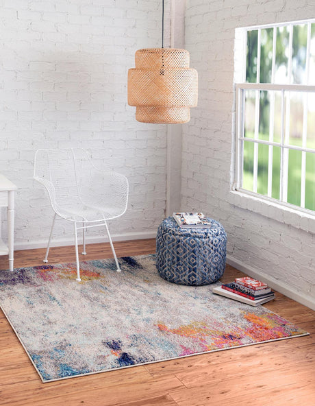 Beige 4' x 4' Chromatic Square Area Rug 100% Polypropylene With Cotton Backing Abstract Modern Colorful Carpet Mat for Home Decor & Interior Design for Sale at Rug Engine