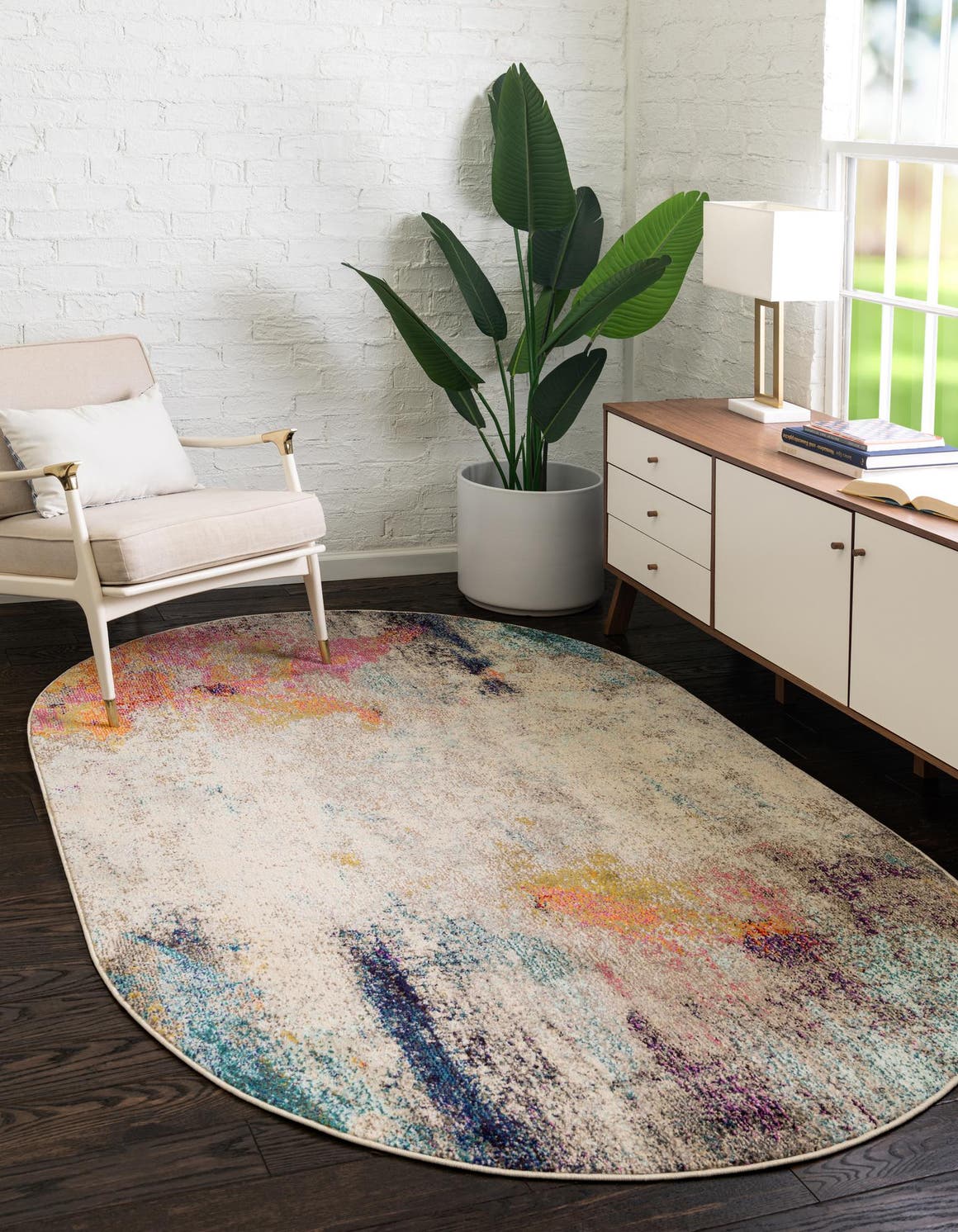 Beige 5' x 8' Chromatic Oval Area Rug 100% Polypropylene With Cotton Backing Abstract Modern Colorful Carpet Mat for Home Decor & Interior Design for Sale at Rug Engine
