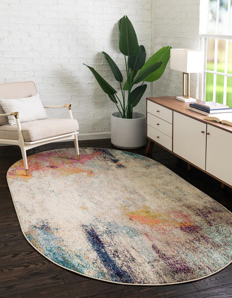 Beige 5' x 8' Chromatic Oval Area Rug 100% Polypropylene With Cotton Backing Abstract Modern Colorful Carpet Mat for Home Decor & Interior Design for Sale at Rug Engine