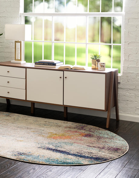 Beige 7' 11 x 10' Chromatic Oval Area Rug 100% Polypropylene With Cotton Backing Abstract Modern Colorful Carpet Mat for Home Decor & Interior Design for Sale at Rug Engine