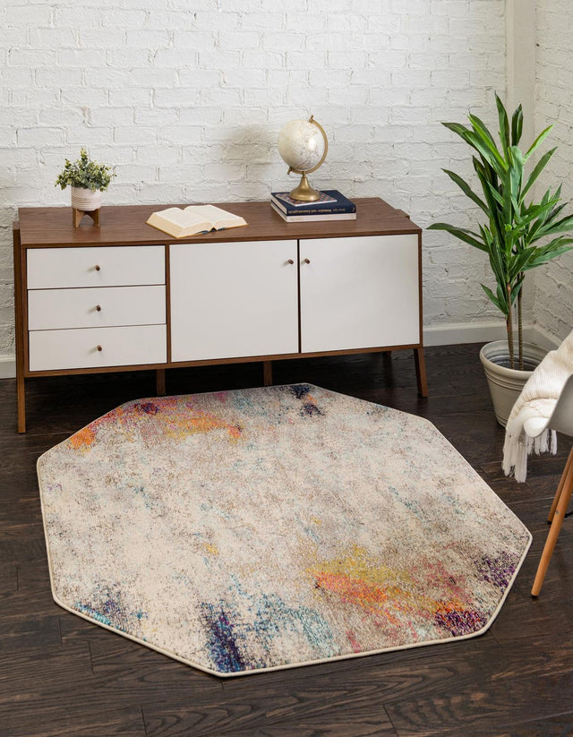 Beige 7' 11 x 7' 11 Chromatic Octagon Area Rug 100% Polypropylene With Cotton Backing Abstract Modern Colorful Carpet Mat for Home Decor & Interior Design for Sale at Rug Engine