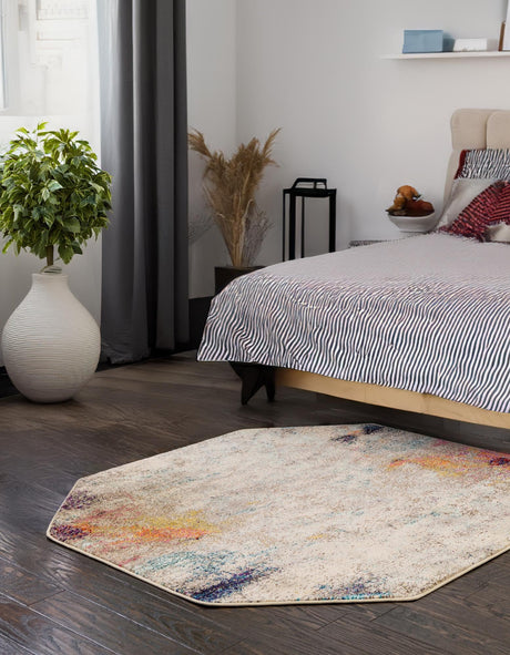 Beige 5' x 5' Chromatic Octagon Area Rug 100% Polypropylene With Cotton Backing Abstract Modern Colorful Carpet Mat for Home Decor & Interior Design for Sale at Rug Engine