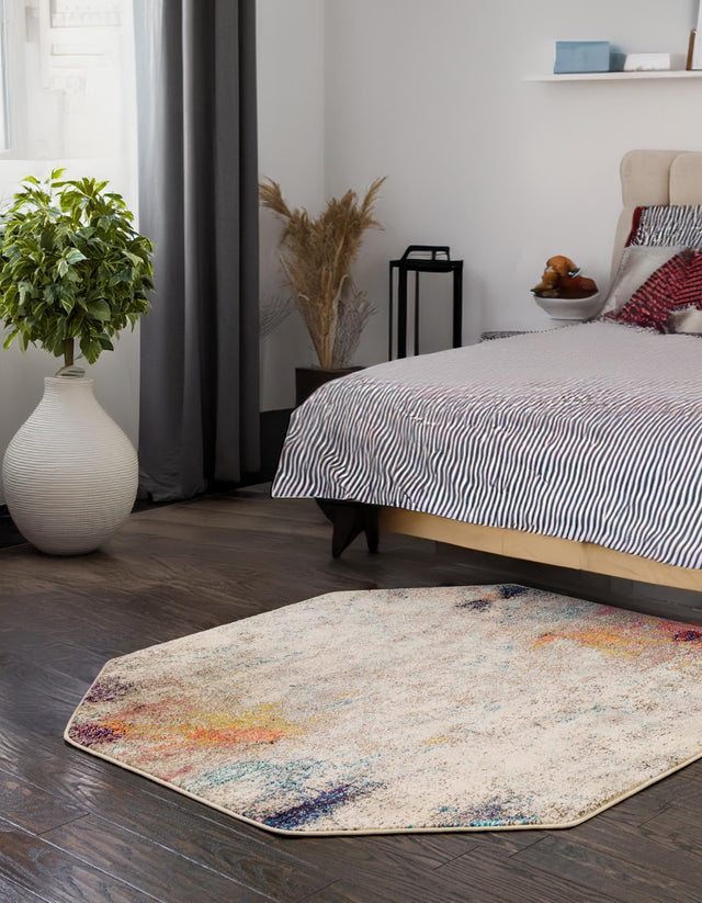 Beige 7' 11 x 7' 11 Chromatic Octagon Area Rug 100% Polypropylene With Cotton Backing Abstract Modern Colorful Carpet Mat for Home Decor & Interior Design for Sale at Rug Engine